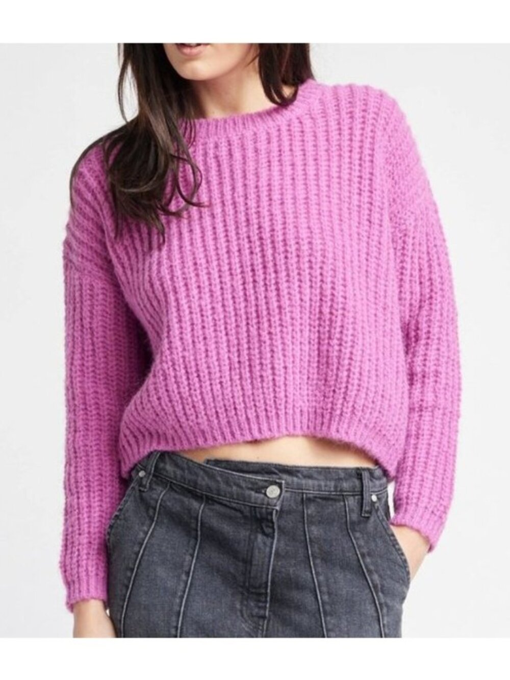 Self Contrast Darla Rib Knit Cropped Sweater Fuchsia Pink Boxy Pullover Small